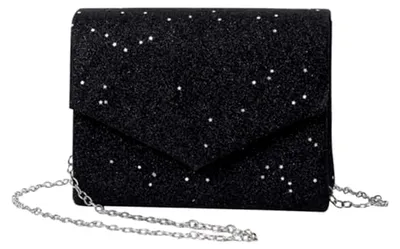 Produktbild von Damen Abendtasche Clutch mit Kettenriemen Kleine Umhängetasche aus Schwarzem Satin für Hochzeit Cocktailparty und Bankett