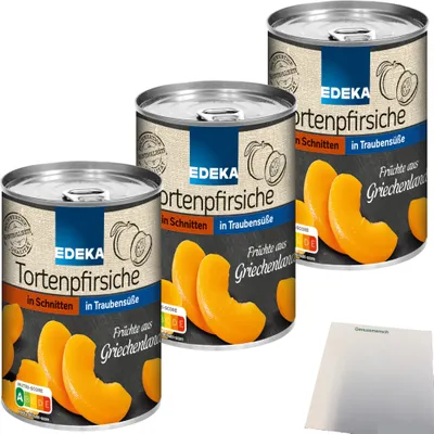 Produktbild von Edeka Tortenpfirsiche in Schnitten erntefrisch verarbeitet 3er Pack (3x410g Dose) + usy Block