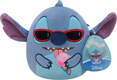 A plush toy of Stitch from Disney's Lilo & Stitch, wearing sunglasses and eating ice cream.