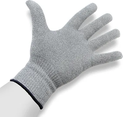 A gray glove is shown on a white background.