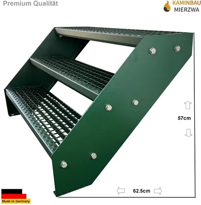 Obrázok produktu pre Mriežkové oceľové schodisko s 3 stupňami pozinkované a zeleno práškovo lakované - (d x š x v) 63 cm x 60 cm x 57 cm