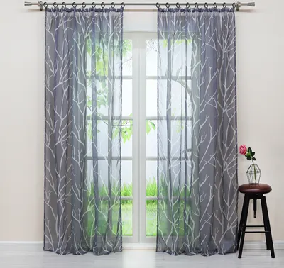 Produktbild von Joyswahl Vorhang Kräuselband Voile Gardinen mit weißem Zweigmuster Transparent Schlafzimmer Wohnzimmer BxH 140x225 cm Grau 1 Stück