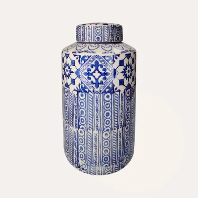 Immagine prodotto di KEYHOMESTORE | Potiche Elegante in Vetroceramica Beige con Decori Blu