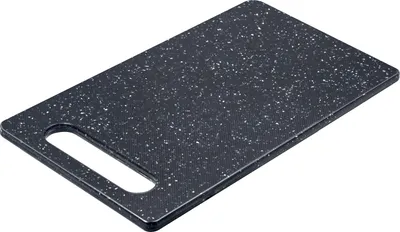 A dark speckled cutting board with a handle cutout is shown on a white background.