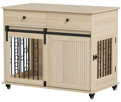 Image de Cage pour chien sur roulettes, avec 2 portes et 2 tiroirs | Couleur : Marron, Noir | Dimensions : 100x56x81 cm