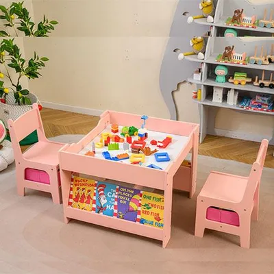 Produktbild von COSTWAY Kindertisch mit 2 Stühlen, Kindersitzgruppe mit Tischplatte, Bücherregalen & Aufbewahrungsboxen, Stauraum, Kinder Maltisch für ab 3+, Rosa