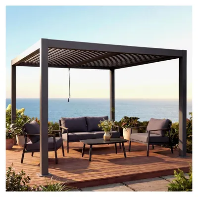 Produktbild von Pergola Gartenpavillon mit Lamellendach, 10cm Aluminiumgestell, sturmfeste Regenrinne, 3x4m - anthrazit