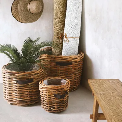 Produktbild von Dickes CL Rattan Pflanzkorb CESTINO natural ca.D65cm Ledergriffe