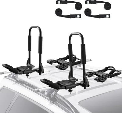Immagine prodotto di VEVOR porta kayak da tetto, 2 coppie di J-Bar, portapacchi, pieghevole, montaggio dall'alto, porta kayak, tavola da surf, canoa, SUP, tavola da sci, montaggio su auto, SUV, camion, 2 kayak
