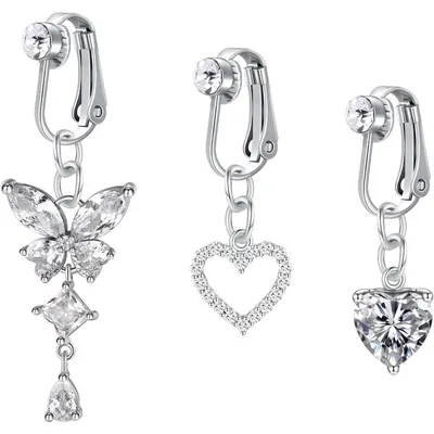 Productafbeelding van Buikpiercing clip-on, chirurgisch staal, zilver, set van 3 met motief: vlinder, hart, maan