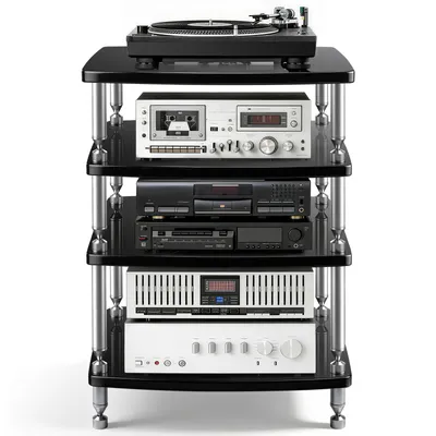 Zdjęcie produktu dla 4-poziomowa półka hi-fi AV, półka na gramofon, stop aluminium i drewno, stojak na sprzęt audio-wideo, do zestawów audio i stereo, wymiary 60 x 52 x 83,5 cm