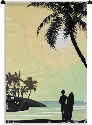 Produktbild von MuchoWow® Wandteppich Wandbehang Strand - Surfbrett - Sonne - Palmen 60x90 cm Tapisserie Dekoration Wandtuch - Foto-Teppich - Abwaschbar