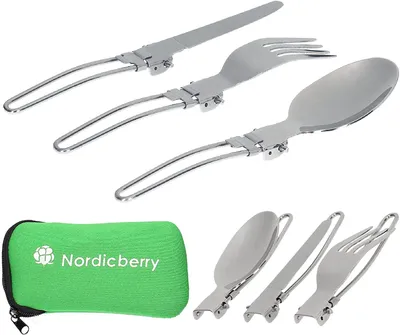 Produktbild von NORDICBERRY Outdoor Klappbesteck und Campingbesteck aus hochwertigem Edelstahl mit Neoprentasche (Grün)
