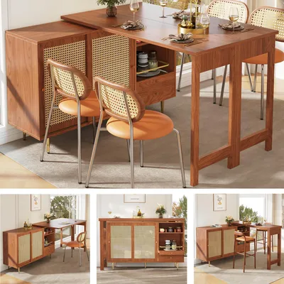 Zdjęcie produktu dla Stolik barowy obrotowy o 360° 107×40×71,4 cm (brązowy) – rozkładany, z miejscem do przechowywania (drzwi z rattanu + półka), do kuchni/jadalni