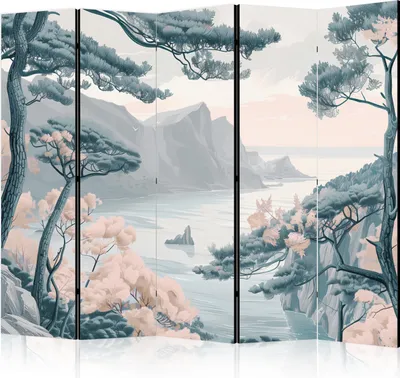 Produktbild von 5-teiliger Doppelseitiger Vlies Paravent - Mountainous  with Trees and Rocks - in Light Pastel Blues 225x172 cm c-H-10045-z-b