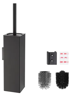 Image de Brosse de toilettes murale, noire ; support de brosse de toilettes, sans perçage, en métal, avec 2 têtes de brosse incluses ; brosse de toilettes en silicone, carrée.