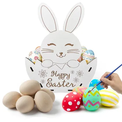 Produktbild von Bastelset Osterkörbchen Hase Holz inkl. 10 Ostereier zum Bemalen & Farben