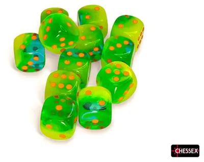 Produktbild von Chessex Würfel Gemini 16mm d6 Plasma Green-Teal/orange Luminary Set 12 Stück