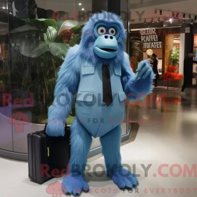 Immagine prodotto di Personaggio mascotte REDBROKOLY di un orango blu vestito con abito da sera e valigetta