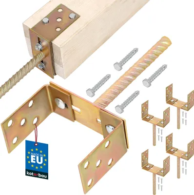 Produktbild von KOTARBAU® 4er Set U Pfostenträger zum Einbetonieren 200 mm mit Riffeldolle Breitenverstellbar 0-160 mm Pfostenankermit Betonanker Stahl Gold