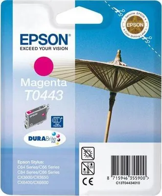Produktbild von Epson Parasol T0443 Magenta Ink Cartridge (High) - Retail Pack (untagged), Magenta, Tinte auf Pigmentbasis, 13 ml, 1 Stück(e)