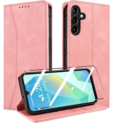 Produktbild von Handyhülle für Samsung Galaxy A16 4G/A16 5G/A26 5G mit Panzerglas, Kunstleder Flip Case, RFID-Schutz, Rosa