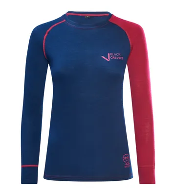 Produktbild von BLACK CREVICE - Damen Langarmshirt aus Merino Wolle | Funktionsunterwäsche | Base Layer | Farbe: Blau/Rot | Gr: 44