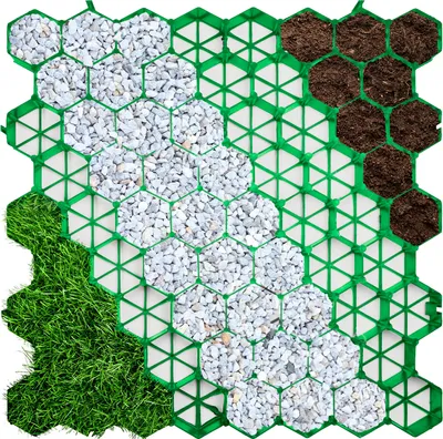 A top-down view of a green hexagonal grid filled with different materials: grass, gravel, and soil.