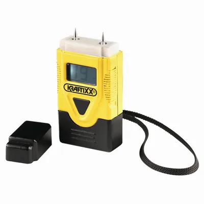 Produktbild von Bau-Holzfeuchtemessgerät gelb mit Batterien 4 x LR44