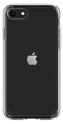 A clear, professional product shot of the back of a transparent phone case with an Apple logo visible through it.