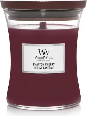 Zdjęcie produktu dla WoodWick Phantom Cherry, Cylidner, Bordowy, Bursztyn, Wanilia, Drewno kaszmirowe, Wiśnia (owoc), 65 h, 1 szt.