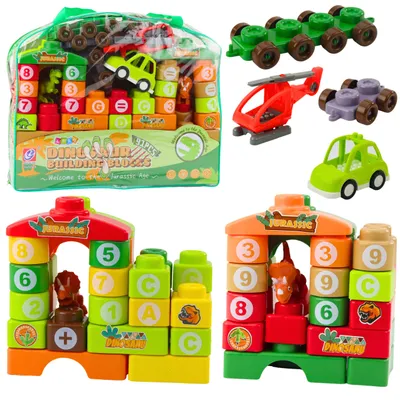 Immagine prodotto di Blocchi di costruzione educativi in ​​una borsa Dinosauri Numeri Lettere 91 pezzi.