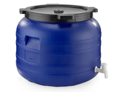 A blue plastic barrel with a black lid and a white tap is shown against a white background.