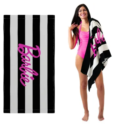 Immagine prodotto di Asciugamano/telo da spiaggia Barbie, stile Barbiecore, in cotone, a righe, dimensioni 152,4 x 76,2 cm