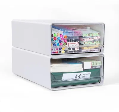 Obrázek produktu pro Zásuvkový box na stůl kancelářský organizér A4 plastový - Stohovatelný - Průhledný - 33,5 x 23 x 11,5 cm - Sada 2 kusů - Bílý
