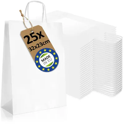 Immagine prodotto di 25 sacchetti di carta bianchi con maniglie – ideali per confezioni regalo e imballaggi