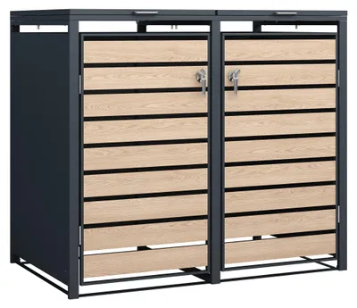 Produktbild von Mülltonnenbox 2-er, Stahl verzinkt Front in Holzoptik