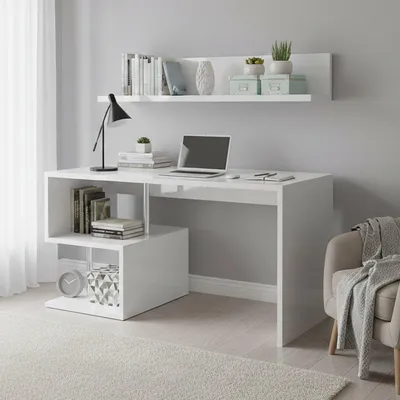 Immagine prodotto di Dmora Scrivania Atemis 60x140x78h cm Bianco Lucido, Modulabile 2 Ripiani  Italy