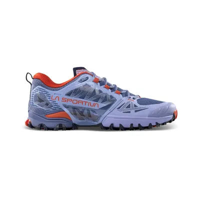 Trailrunning-Schuhe für Damen; Modell "Bushido III Woman Gtx" von La Sportiva in lila und orange mit griffiger Sohle.