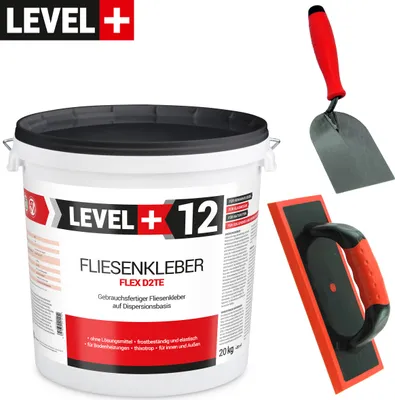 Produktbild von Fliesenkleber Elastyk 20Kg +Spachtelkelle 60mm+Fugbrett Kleberbox LEVEL+ SET 203
