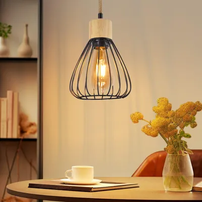 Image de ZMH Lampe à Suspendre Table à Manger Lampe à Suspendre Vintage Salle à Manger Noir Salle à Manger Lampe à Suspendre Métal 1 Flamme Rétro Corde de Chanvre en Bois Industriel E27 Lampe à Suspendre pour Salon Sans Ampoules