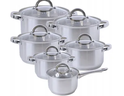 Produktbild von 12-teiliges Topfset aus Edelstahl mit Stielkasserolle & Glasdeckeln – Induktionsgeeignet, Spülmaschinenfest – Kochtopf-Set Silber