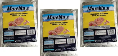 Produktbild von 3x Mareblu Trancetti di Tonno in Olio di Oliva Thunfisch Thunfischscheiben in Olivenöl 500g Beutel