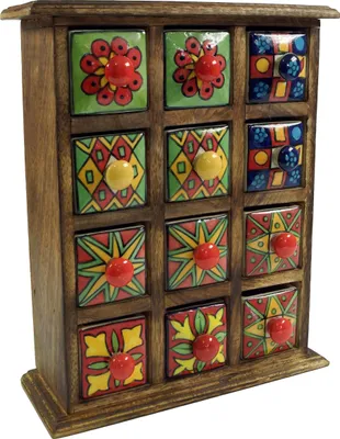 Produktbild von Apothekerschränkchen mit Bunten Keramik Schubfächern, Gewürzkiste - 3*4 Fächer, Braun, Holz, 32*25*10 cm, Dosen, Boxen & Schatullen