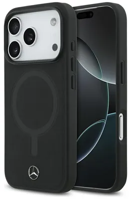 Image de Housse iPhone 17 Pro Max Mercedes cuir véritable noir logo métal MagSafe