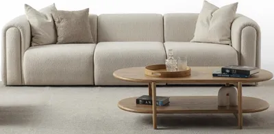 Immagine prodotto di Elegante divano a 4 posti beige in tessuto con struttura in legno