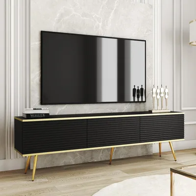 Productafbeelding van TV-meubel FORNO, zwart geribbeld front, Glamour Art Deco stijl, 175 cm, met gouden poten
