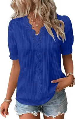 Produktbild von Bluse Kurzarm Damen Spitzen Oberteil V Ausschnitt Shirts Elegant Puffärmeln Damenblusen Sommer Schickes Hemd Tunika