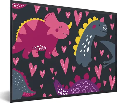 Produktbild von MuchoWow® Gerahmtes Poster Dinosaurier - Kind - Muster - Rosa - Mädchen 40x30 cm - Poster mit Schwarzem Bilderrahmen Wandposter Rahmen Foto Bilder - Kunstposter - Wanddekorationen