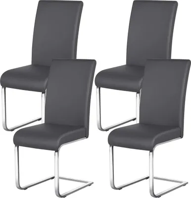 Four dark gray dining chairs with metal frames are arranged in a two-by-two grid against a white background.